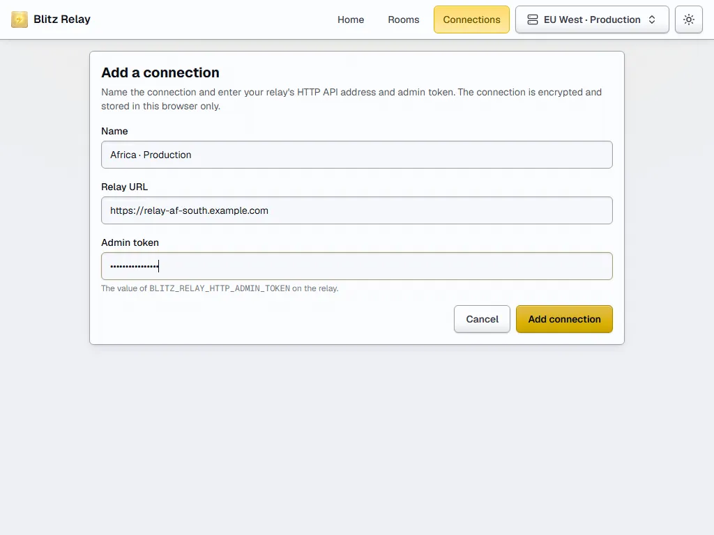 The form for adding a relay connection, in the light theme