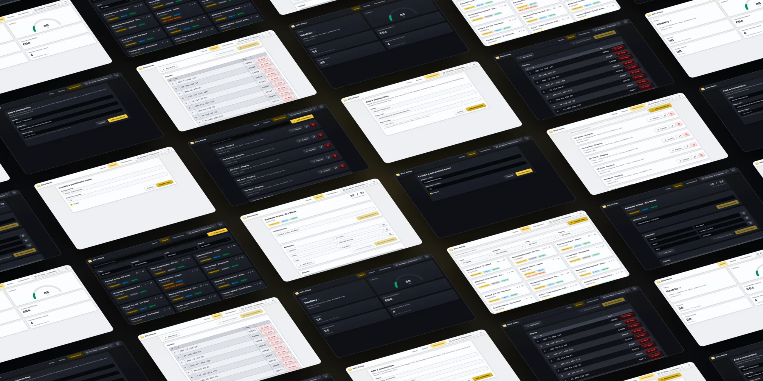 Blitz Relay Dashboard's pages in dark and light themes, arranged on a tilted grid