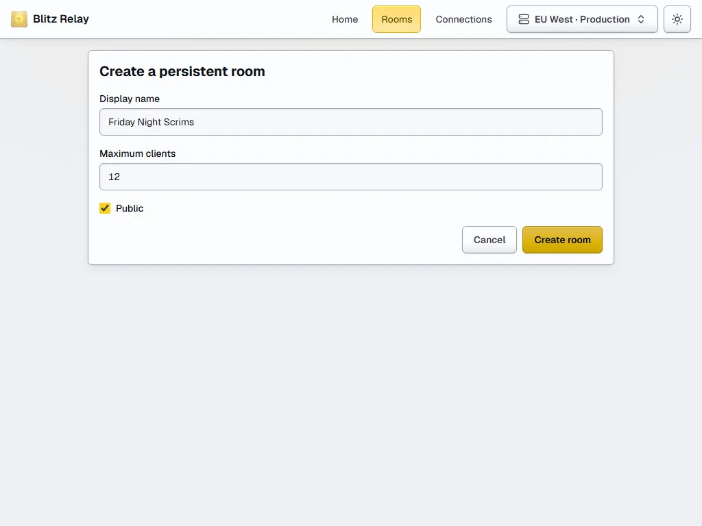 The form for creating a persistent room, in the light theme