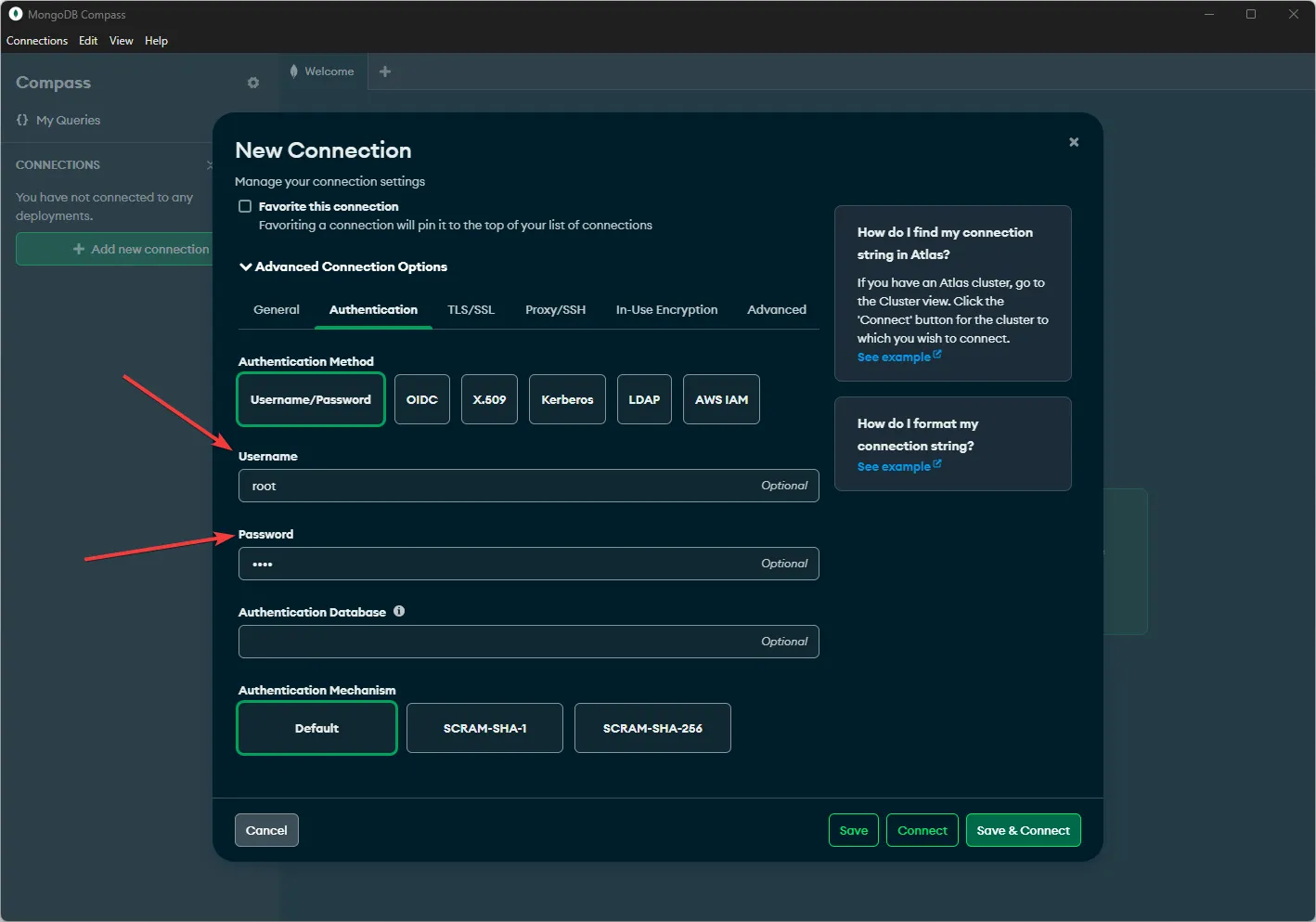 MongoDB Compass Authentication Tab