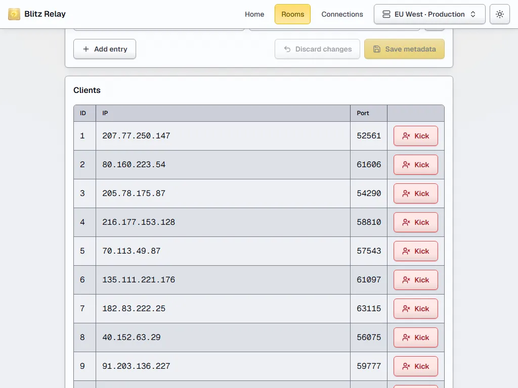 A room's client list with IP addresses, ports, and kick buttons, in the light theme
