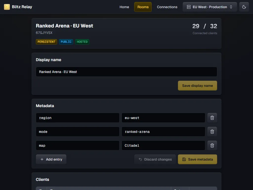 A room's page showing its name, badges, and metadata